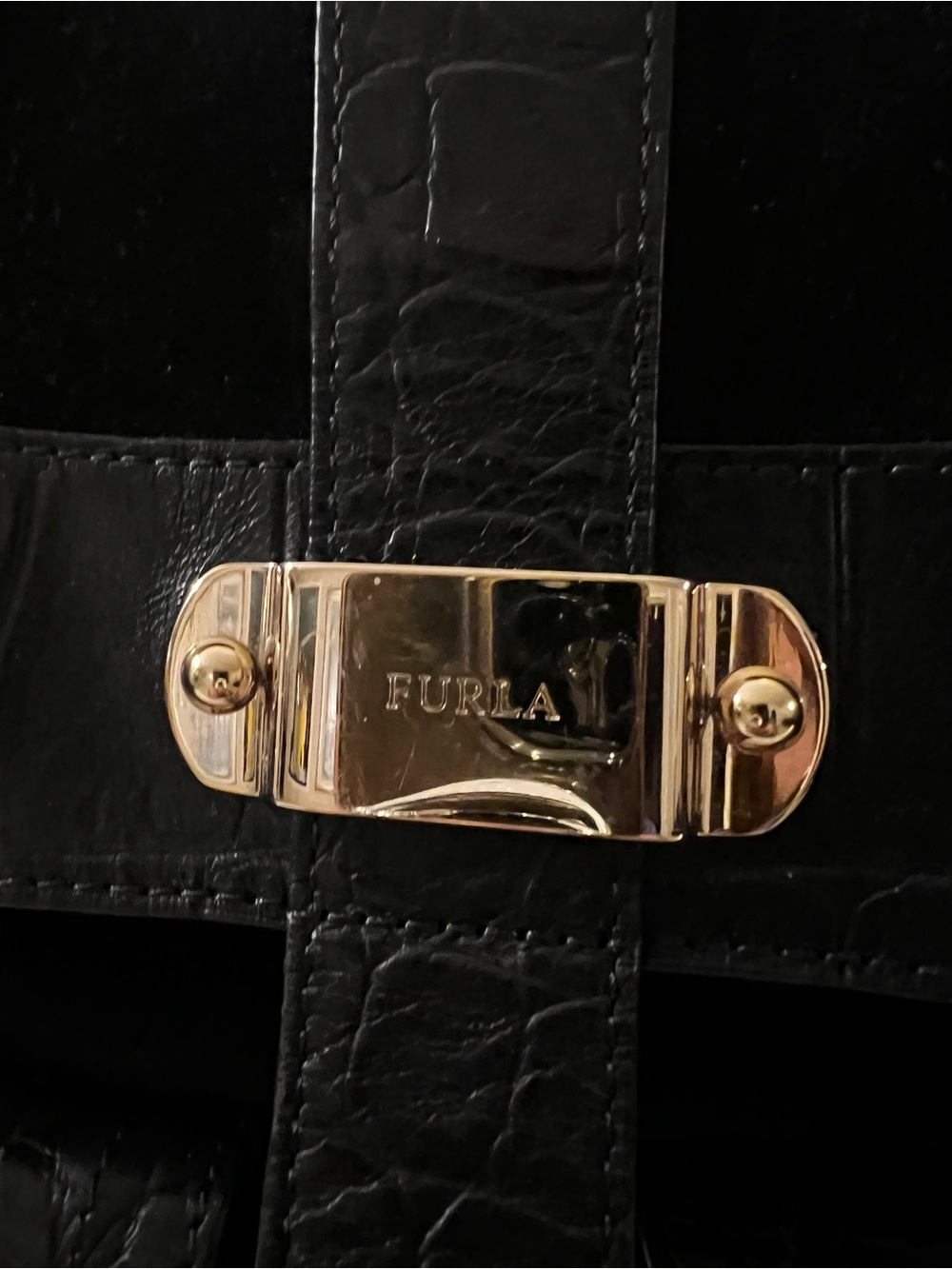 Furla Black Suede Croc Embossed Leather Shoulder Satchel Bag - Picture 4 of 14